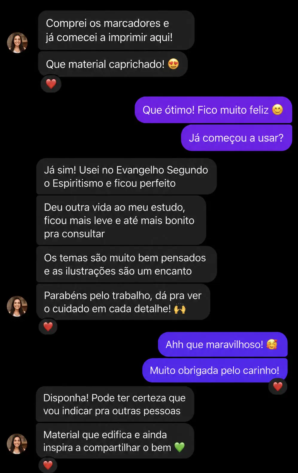 Print de conversa: cliente elogiando a qualidade dos marcadores