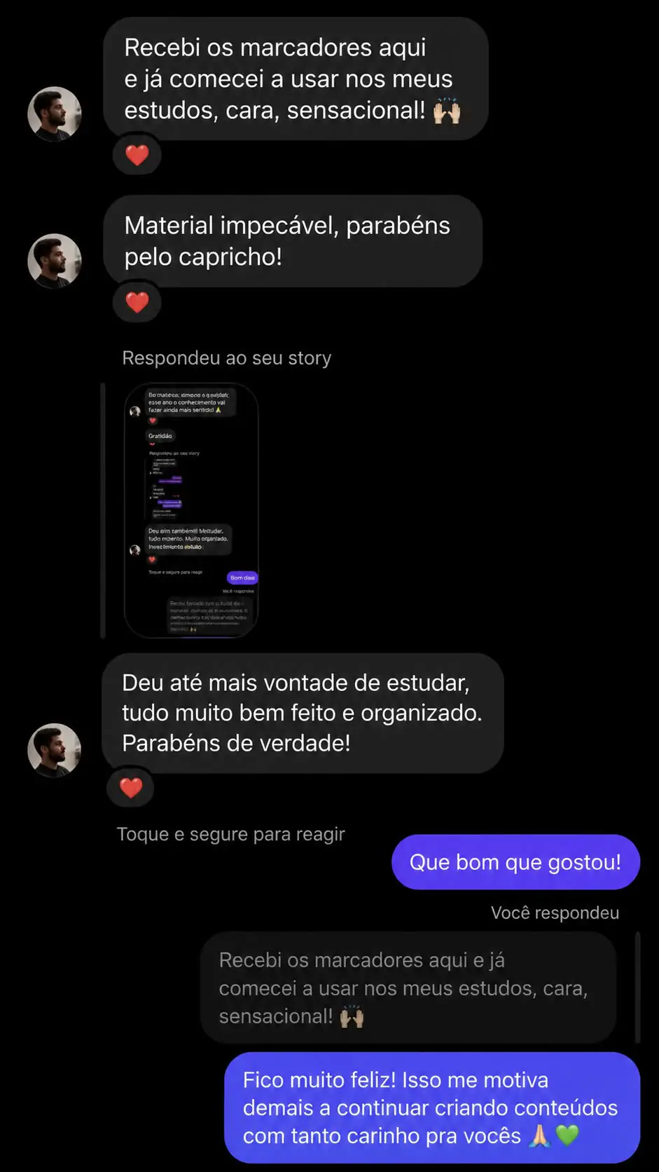 Print de conversa: cliente contando que usou os marcadores nos estudos