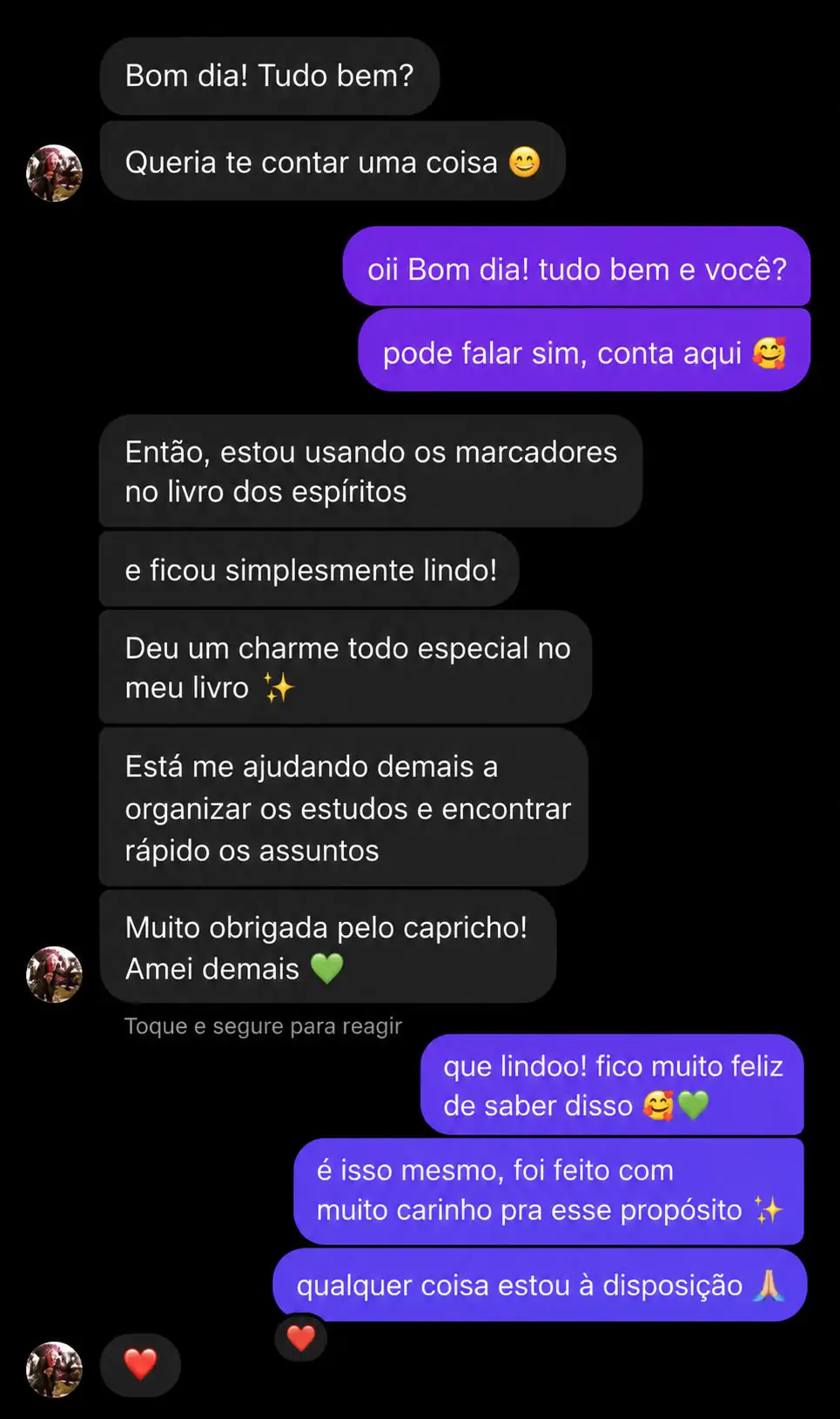 Print de conversa: cliente usando os marcadores no Livro dos Espíritos