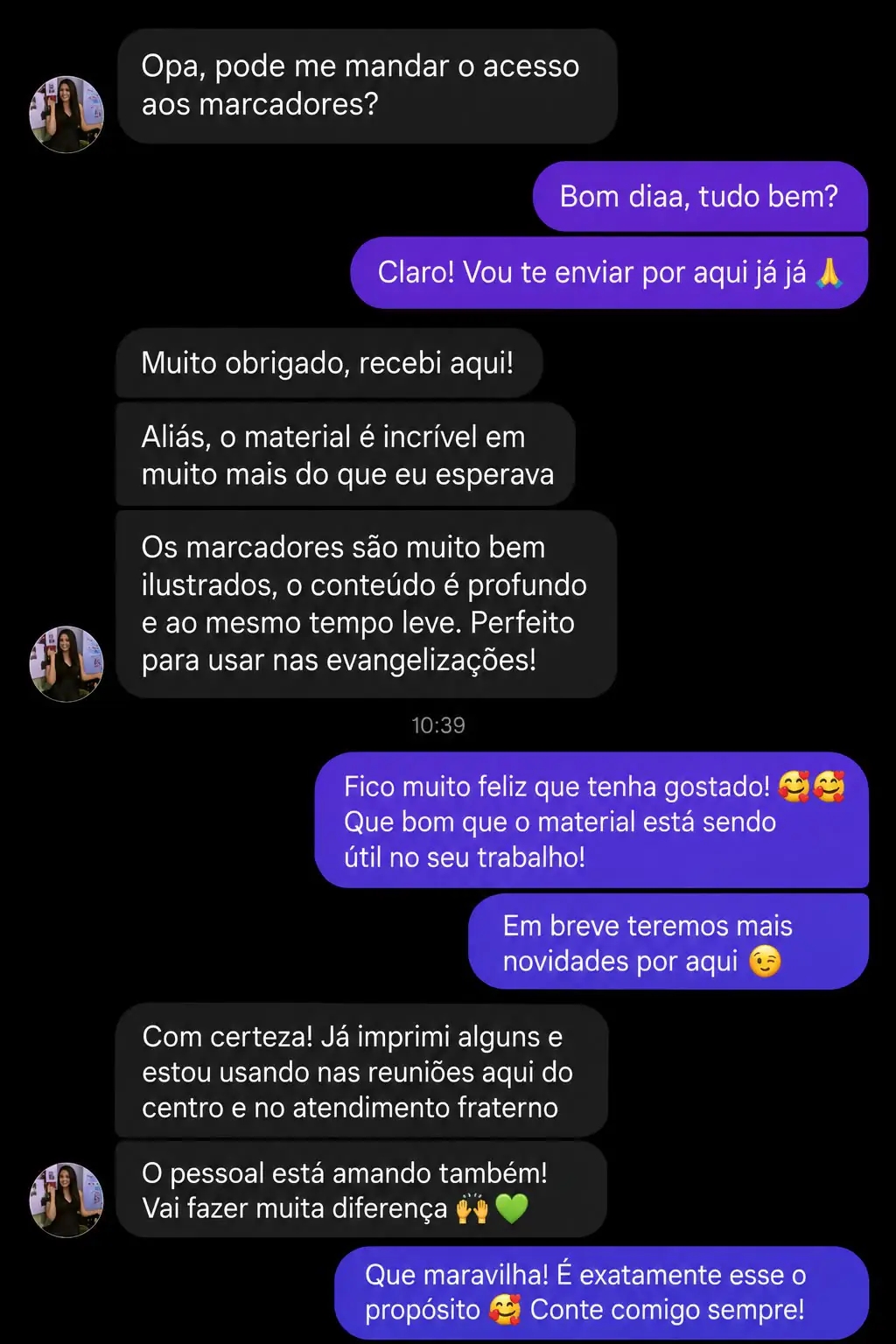 Print de conversa: cliente usando os marcadores nas reuniões do centro espírita
